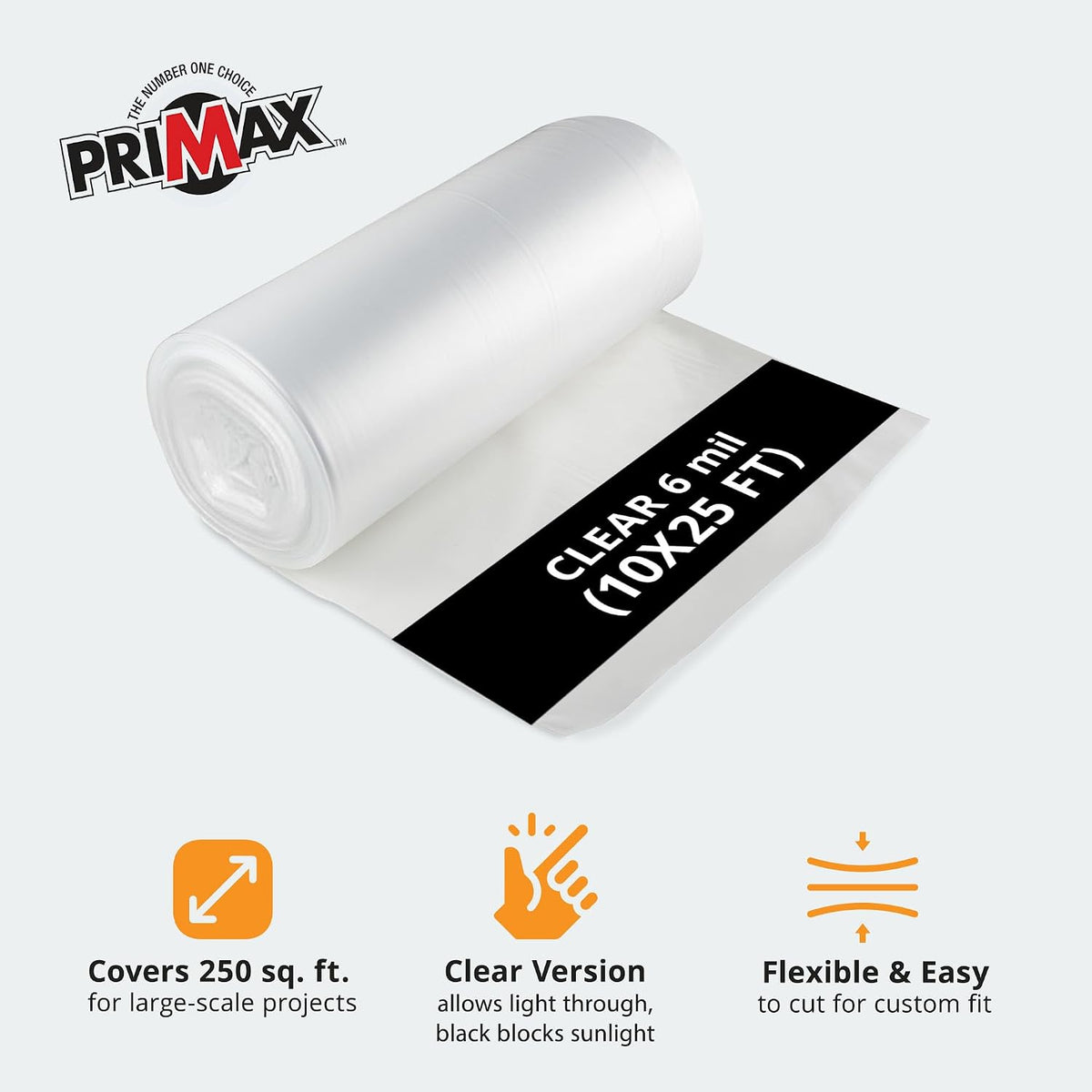 PRIMAX Opaque 6 Mil Plastic Sheeting Roll 10' x 25' Heavy Duty | Waterproof Design, UV Resistant, Suitable for Greenhouse Use, Ideal for Gardening and Construction, Easy to Cut to Size