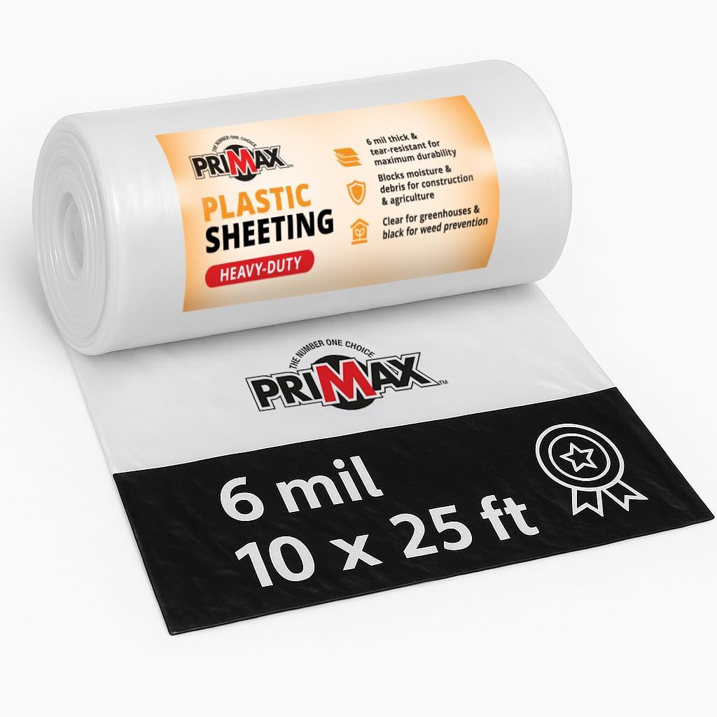PRIMAX Opaque 6 Mil Plastic Sheeting Roll 10' x 25' Heavy Duty | Waterproof Design, UV Resistant, Suitable for Greenhouse Use, Ideal for Gardening and Construction, Easy to Cut to Size