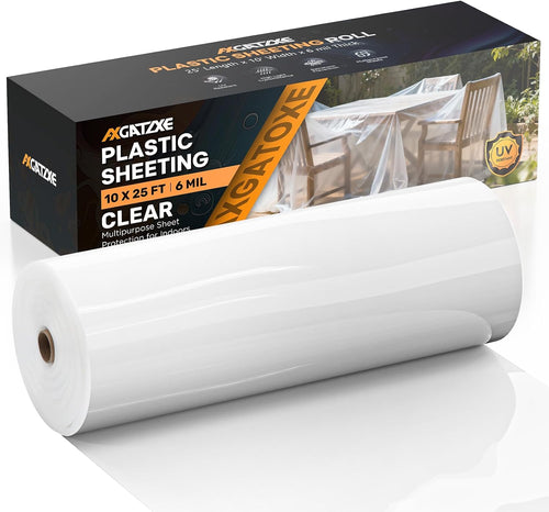 Axgatoxe 6 Mil 10x25 FT Heavy Duty Greenhouse Plastic Sheeting, 1-Roll | Tear-Proof, Waterproof, UV Protection Clear Plastic Drop Cloth for Industrial Construction Painting Farm Courtyard Covering
