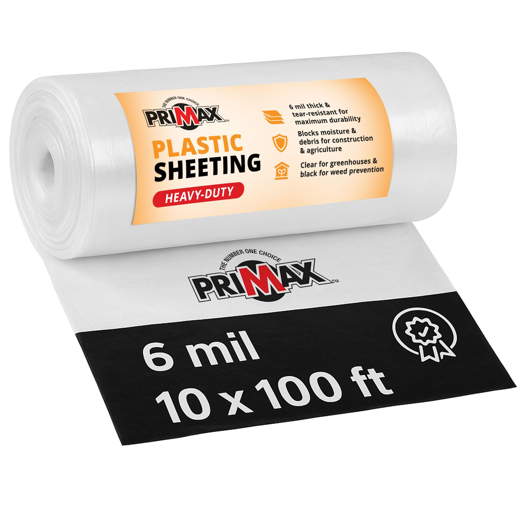 PRIMAX Opaque 6 Mil Plastic Sheeting Roll 10' x 25' Heavy Duty | Waterproof Design, UV Resistant, Suitable for Greenhouse Use, Ideal for Gardening and Construction, Easy to Cut to Size