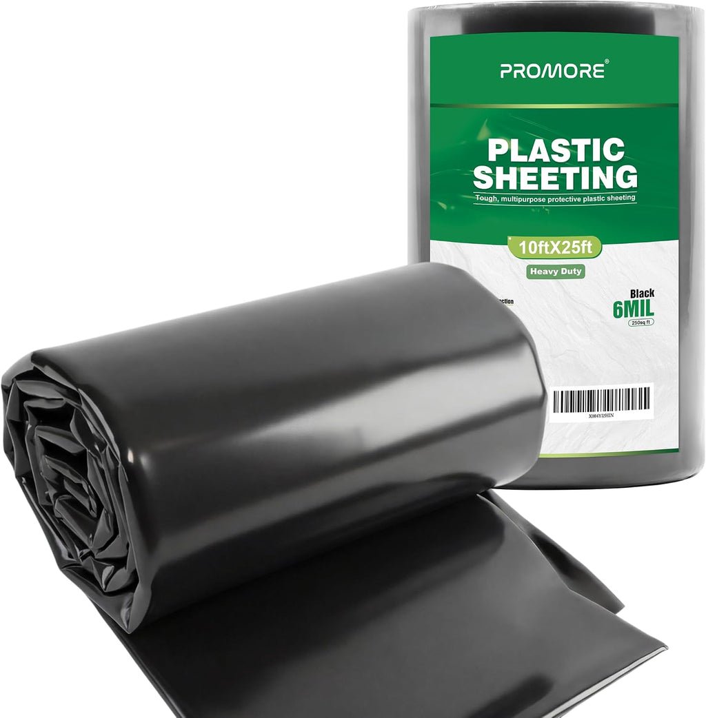 Black Plastic Sheeting 6 Mil 10 x 25 FT, Heavy Duty Polyethylene Sheeting, Waterproof, UV Protection, for Weed Barrier, Moisture, Construction Film, Lumber Tarp, Ground Cover