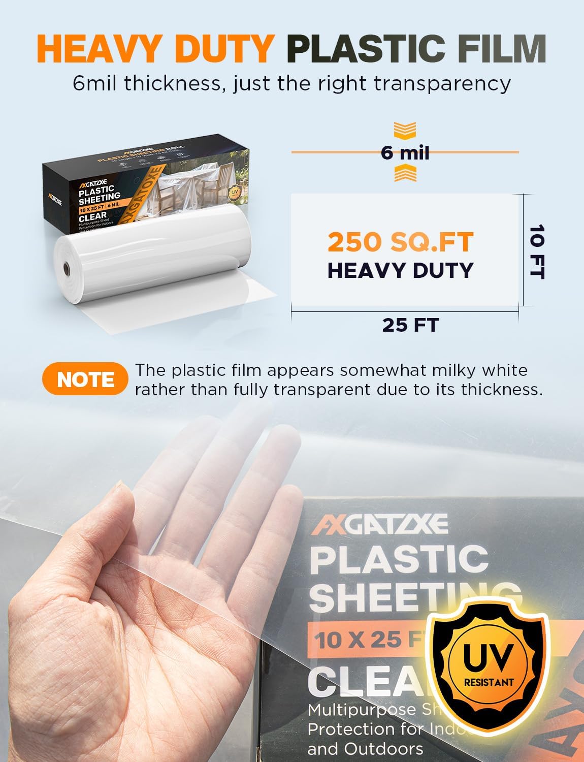Axgatoxe 6 Mil 10x25 FT Heavy Duty Greenhouse Plastic Sheeting, 1-Roll | Tear-Proof, Waterproof, UV Protection Clear Plastic Drop Cloth for Industrial Construction Painting Farm Courtyard Covering