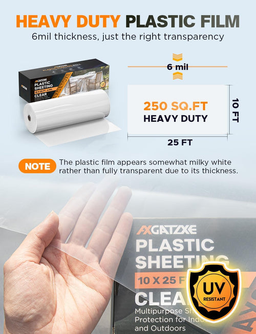Axgatoxe 6 Mil 10x25 FT Heavy Duty Greenhouse Plastic Sheeting, 1-Roll | Tear-Proof, Waterproof, UV Protection Clear Plastic Drop Cloth for Industrial Construction Painting Farm Courtyard Covering