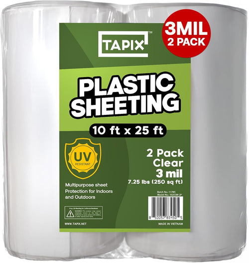 Plastic Sheeting (10' x 25') Long, 3 Mil (2 Pack) - UV Protection Poly Sheeting Polyethylene Film, Heavy Duty Greenhouse Plastic Sheeting