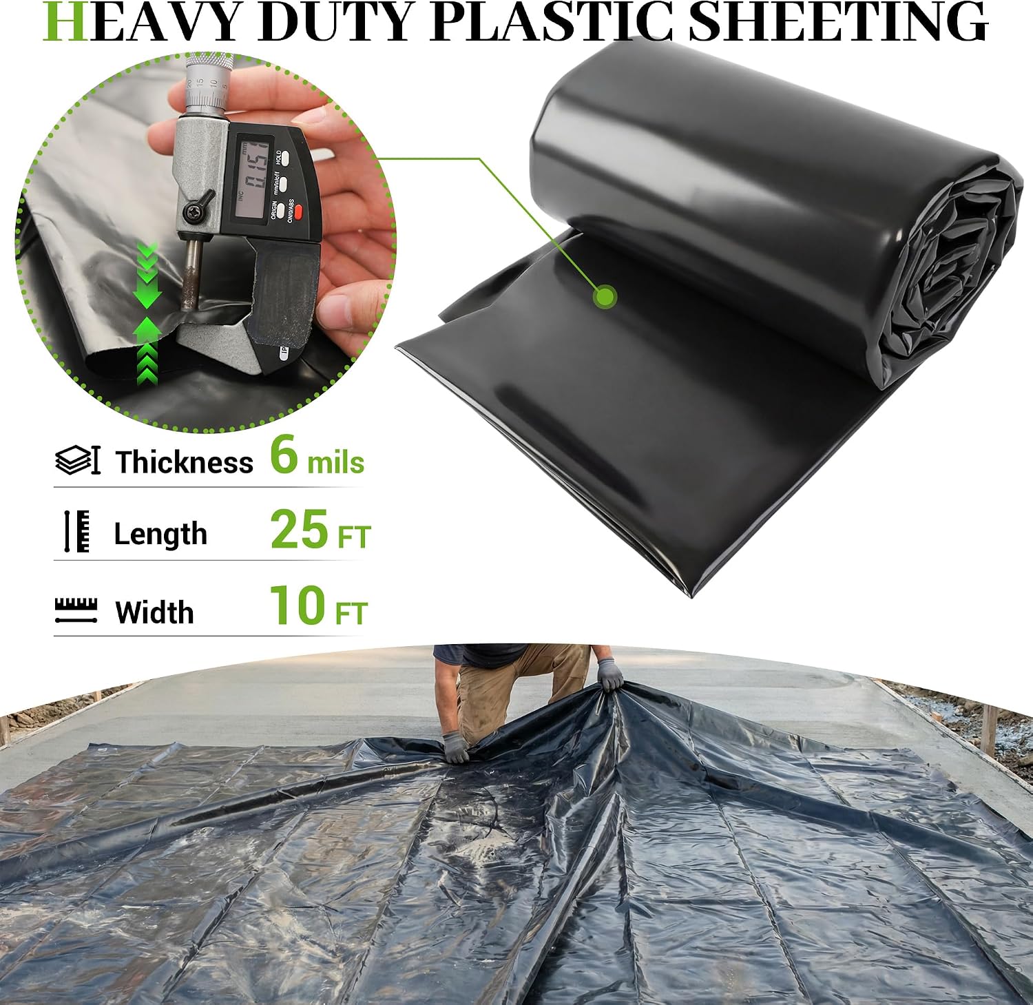 Black Plastic Sheeting 6 Mil 10 x 25 FT, Heavy Duty Polyethylene Sheeting, Waterproof, UV Protection, for Weed Barrier, Moisture, Construction Film, Lumber Tarp, Ground Cover