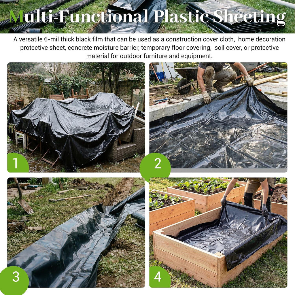 Black Plastic Sheeting 6 Mil 10 x 25 FT, Heavy Duty Polyethylene Sheeting, Waterproof, UV Protection, for Weed Barrier, Moisture, Construction Film, Lumber Tarp, Ground Cover