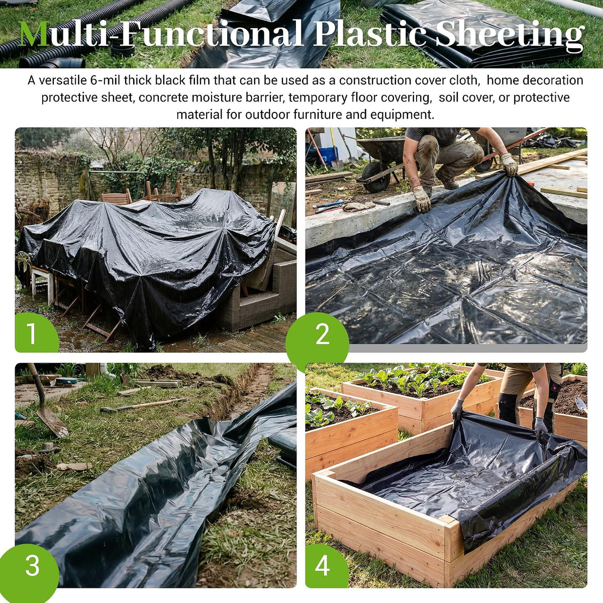 Black Plastic Sheeting 6 Mil 10 x 25 FT, Heavy Duty Polyethylene Sheeting, Waterproof, UV Protection, for Weed Barrier, Moisture, Construction Film, Lumber Tarp, Ground Cover